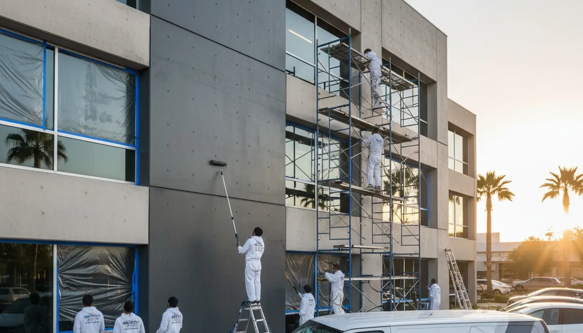 Professional commercial painters applying exterior coatings on Tulsa OK business building