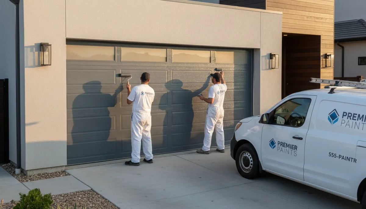 Professional painters refinishing a garage door in Tulsa OK with weather-resistant exterior paint